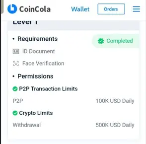 Уровни верификации CoinCola и лимиты